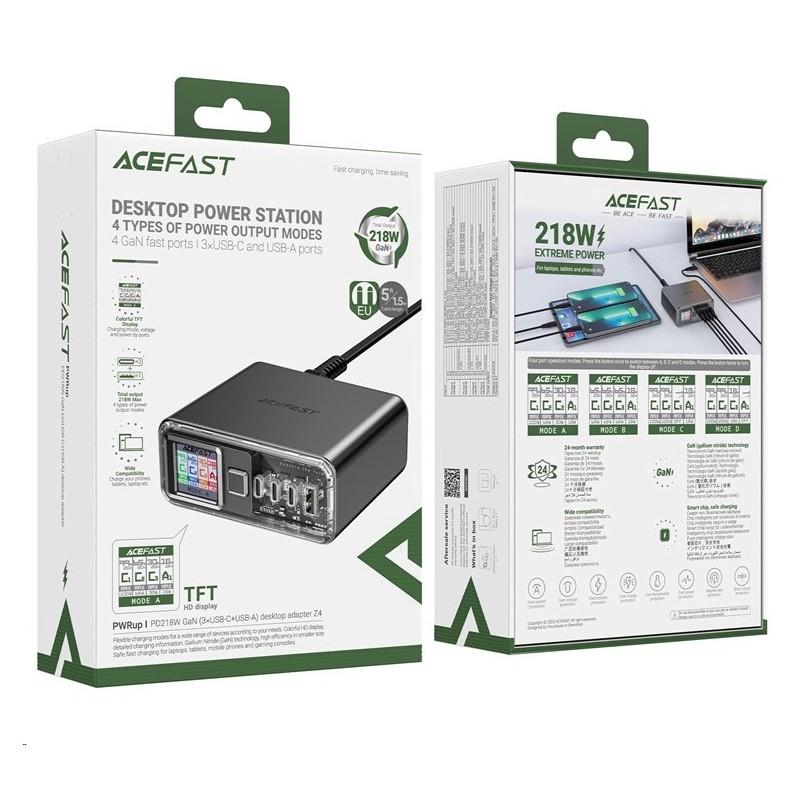 Мережевий зарядний пристрій ACEFAST Z4 PD218W GaN (3*USB-C+USB-A) desktop charging adapter,space Gray (6974316282587)