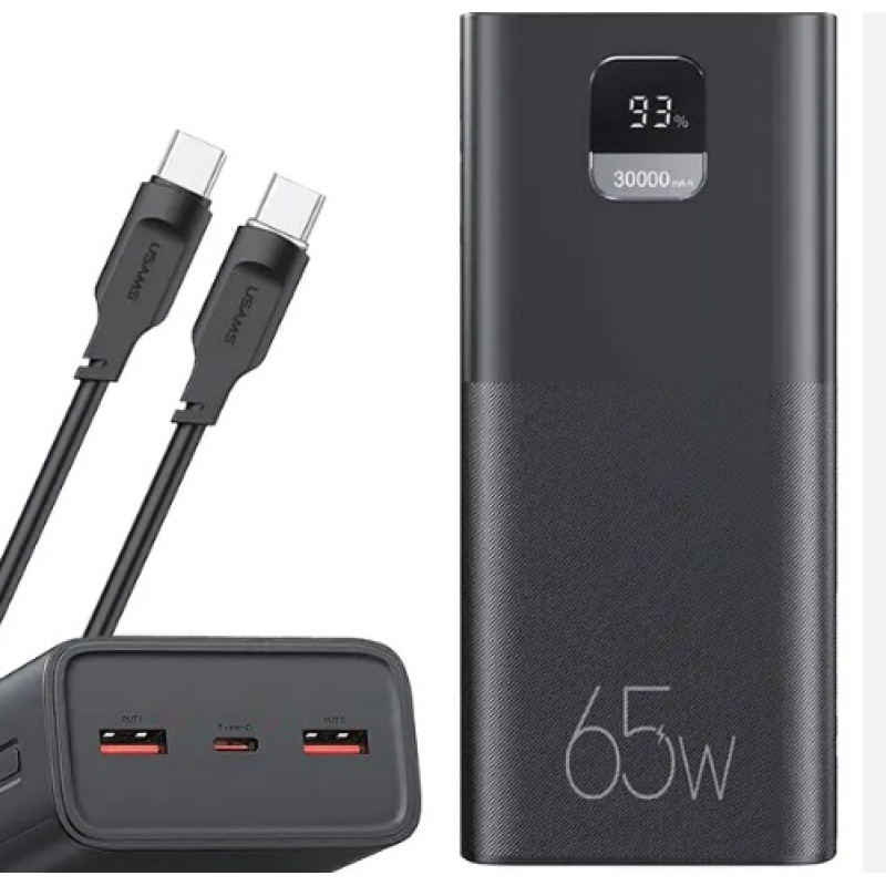Зовнішній акумулятор Usams US-CD185 PB68 PD3.0 65W + QC3.0 30000 mAh Fast Charging Digital Display Power Bank+Type-C To Type-C PD 100W (ATXLOGTC01)