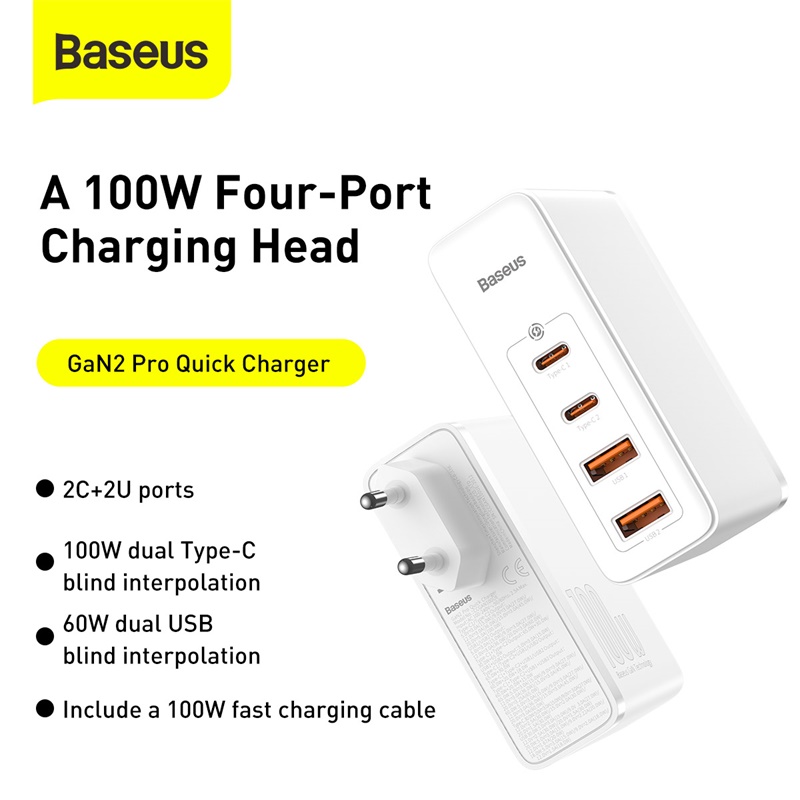Мережевий зарядний пристрій Baseus GaN2 Pro Quick Charger 2C+2U 100W EU White (CCGAN2P-L02)