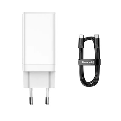 Мережевий зарядний пристрій Baseus GaN3 Pro Fast Charger 2C+U 65W EU White(+ fast charging Cable Type-C  to Type-C 100W(20V/5A) 1m White） (CCGP050102)