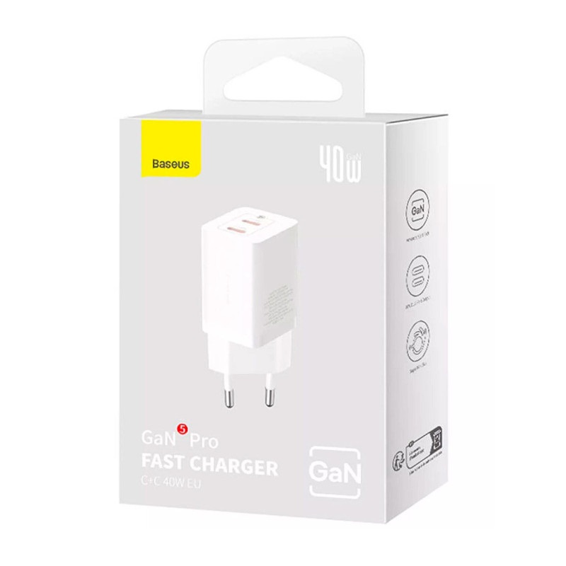 Мережевий зарядний пристрій Baseus GaN5 Pro Fast Charger C+C 40W EU White (CCGP180102)