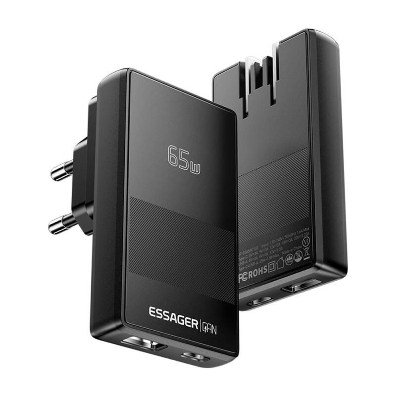 Мережевий зарядний пристрій ESSAGER Ultra Thin Gan 65W 1C1A BLACK (ECT65W-QCB01-Z)