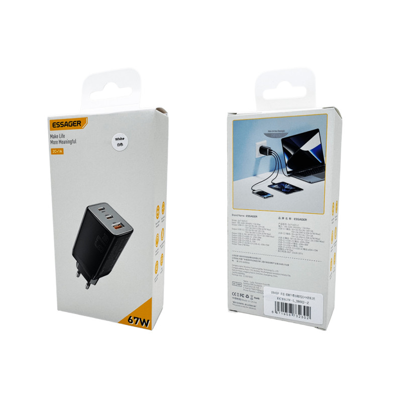 Мережевий зарядний пристрій ESSAGER ECT67W Gan 1USB 2T-C 67W white (ECT67W-LJB02-Z)
