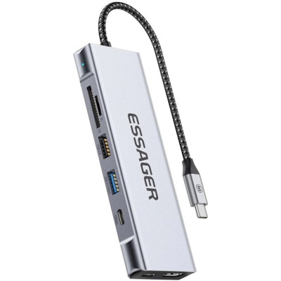 USB-Хаб ESSAGER QK The Universe 8 in 1 Laptop USB C HUB with 10Gbps External Hard Drive Function for M.2 PCIe NVMe and SATA SSD Grey (EHB08-QK0G-Z)