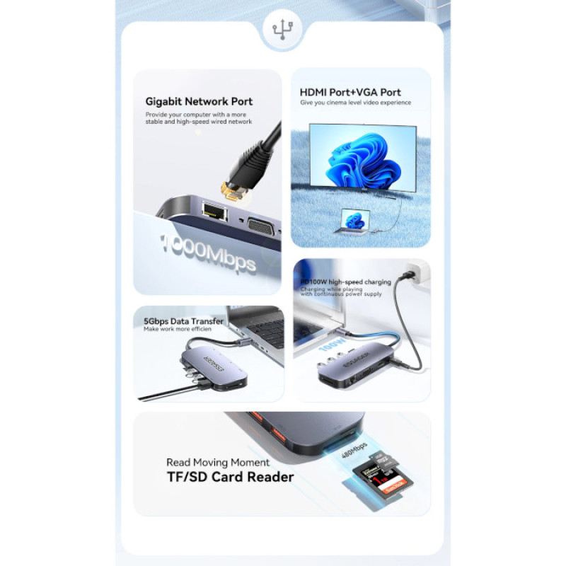 USB-Хаб ESSAGER Maple Harp 11 in 1 USB HUB Grey (EHB11-FQ0G-Z)