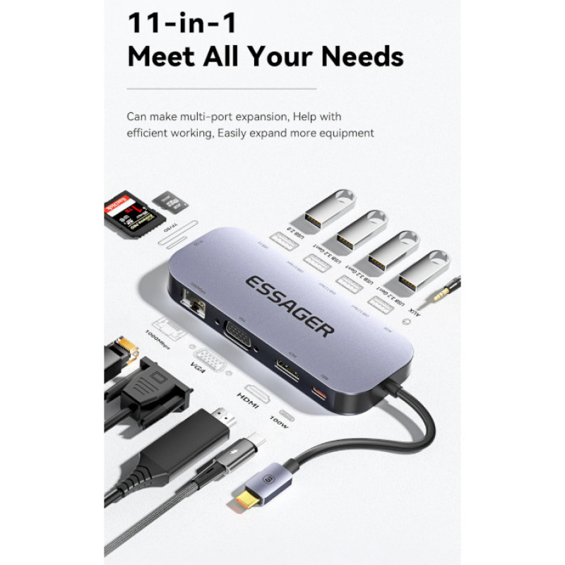 USB-Хаб ESSAGER Maple Harp 11 in 1 USB HUB Grey (EHB11-FQ0G-Z)