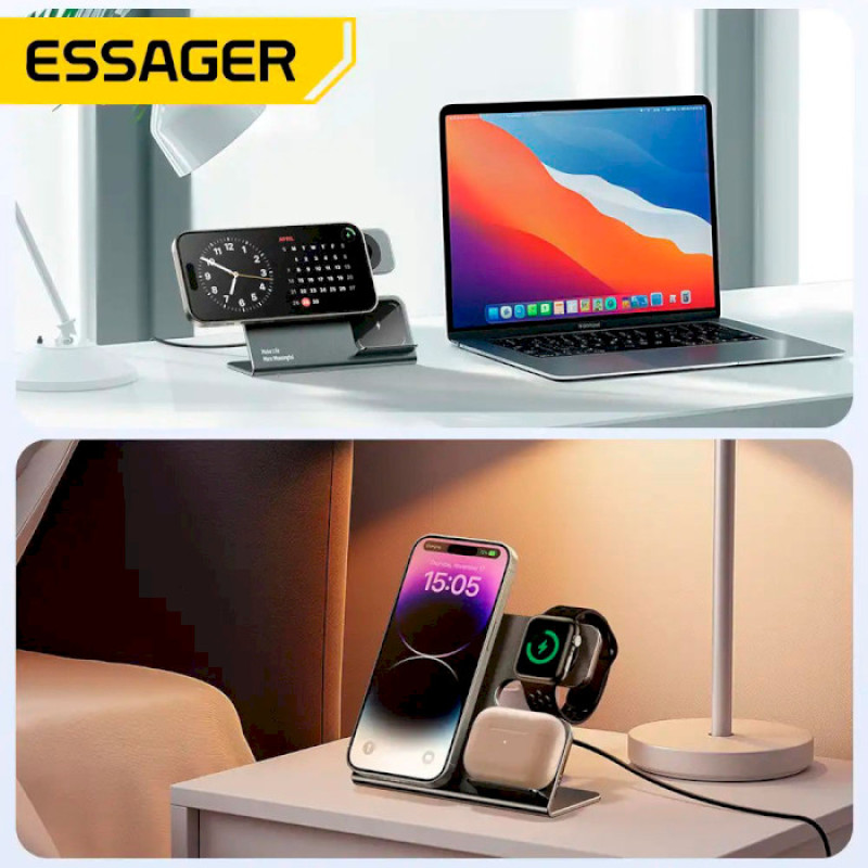 Бездротовий мультизарядний пристрій Essager  Ruicheng desktop magnetic suction 15W (3 in 1)  black (EWXZM-RC0G-Z)