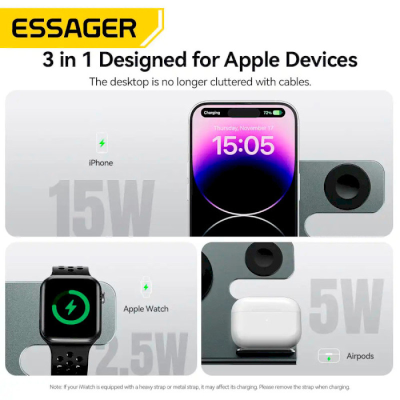Бездротовий мультизарядний пристрій Essager  Ruicheng desktop magnetic suction 15W (3 in 1)  black (EWXZM-RC0G-Z)