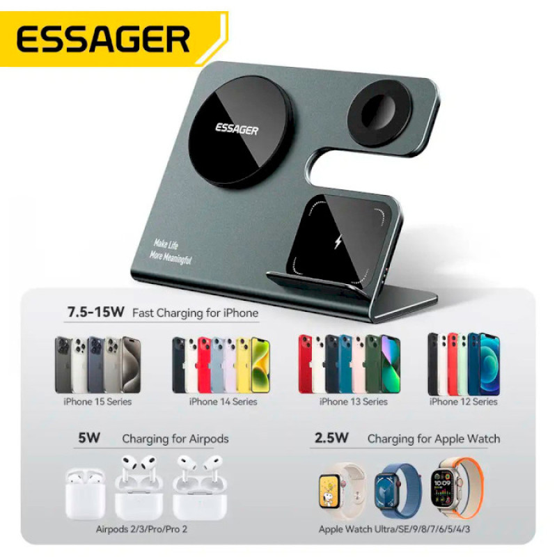 Бездротовий мультизарядний пристрій Essager  Ruicheng desktop magnetic suction 15W (3 in 1)  black (EWXZM-RC0G-Z)
