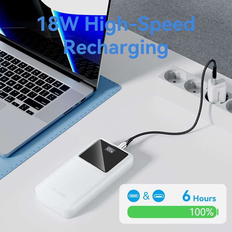 Зовнішній акумулятор Vention 20000mAh Power Bank (Micro-USB + USB-C + USB-A + USB-A) 22.5W White LED Display Type (FHLW0)
