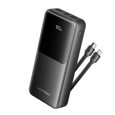 Зовнішній акумулятор Vention 20000mAh Power Bank (Micro-USB + USB-C + USB-A + USB-A) with Built-in USB-C and Lightning Cables 22.5W Black LED Display (FHPB0)
