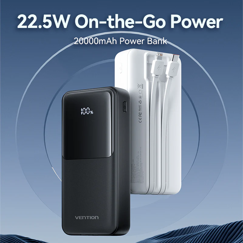 Зовнішній акумулятор Vention 20000mAh Power Bank (Micro-USB + USB-C + USB-A + USB-A) with Built-in USB-C and Lightning Cables 22.5W Black LED Display (FHPB0)