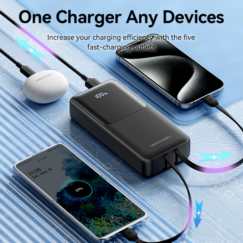Зовнішній акумулятор Vention 20000mAh Power Bank (Micro-USB + USB-C + USB-A + USB-A) with Built-in USB-C and Lightning Cables 22.5W Black LED Display (FHPB0)
