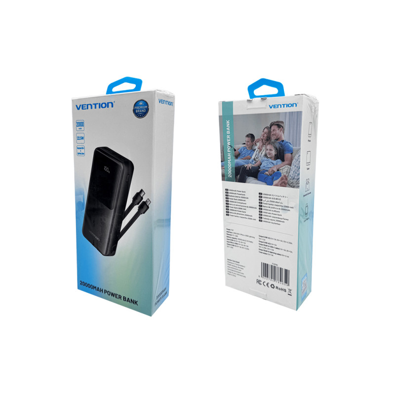Зовнішній акумулятор Vention 20000mAh Power Bank (Micro-USB + USB-C + USB-A + USB-A) with Built-in USB-C and Lightning Cables 22.5W Black LED Display (FHPB0)