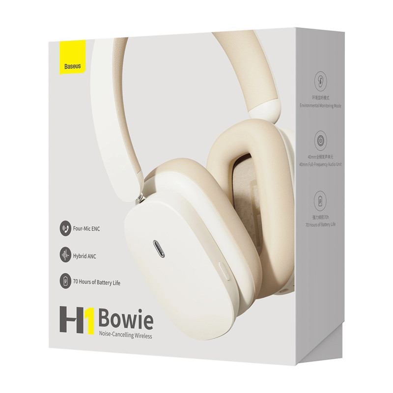 Бездротові накладні навушники Baseus Bowie H1 Noise-Cancellation Wireless Headphones Creamy-White (NGTW230202)