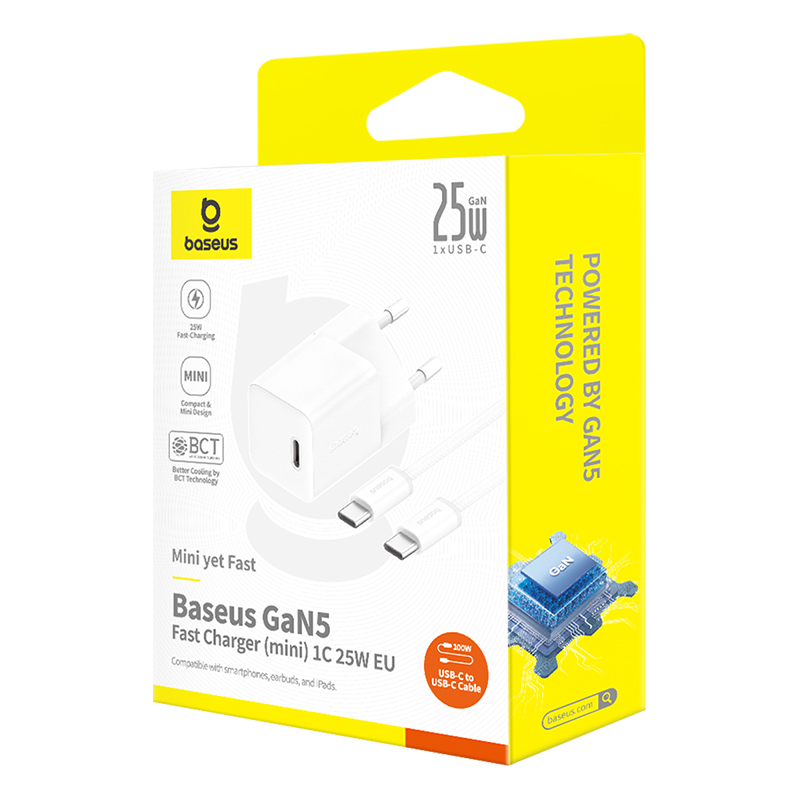 Мережевий зарядний пристрій з кабелем Baseus GaN5 Fast Charger (mini) 1C 25W EU Moon White (with: Fast Charging Data Cable Type-C) (P10110909213-01)