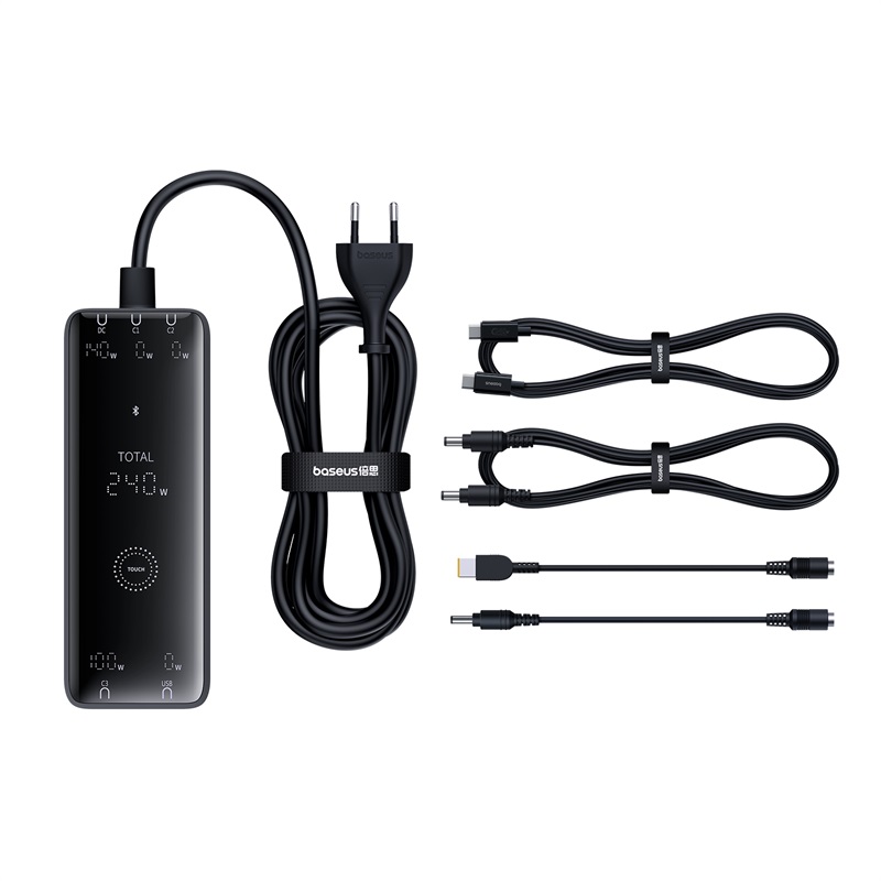 Мережевий зарядний пристрій з кабелем Baseus Baseus Digital GaN Intelligent Desktop Fast Charger 3C+U+DC 240W EU Cluster Black (P10163901113-00)