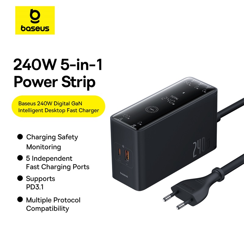 Мережевий зарядний пристрій з кабелем Baseus Baseus Digital GaN Intelligent Desktop Fast Charger 3C+U+DC 240W EU Cluster Black (P10163901113-00)