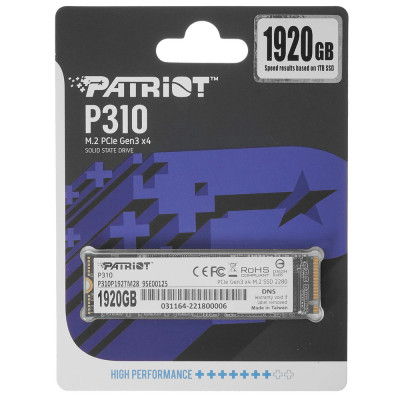 Накопичувач SSD M.2 Patriot P310 1920GB NVMe 2280 PCIe 3.0x4 3D NAND TLC (P310P192TM28) Накопичувач SSD M.2 Patriot P310 1920GB NVMe 2280 PCIe 3.0x4 3D NAND TLC (P310P192TM28)