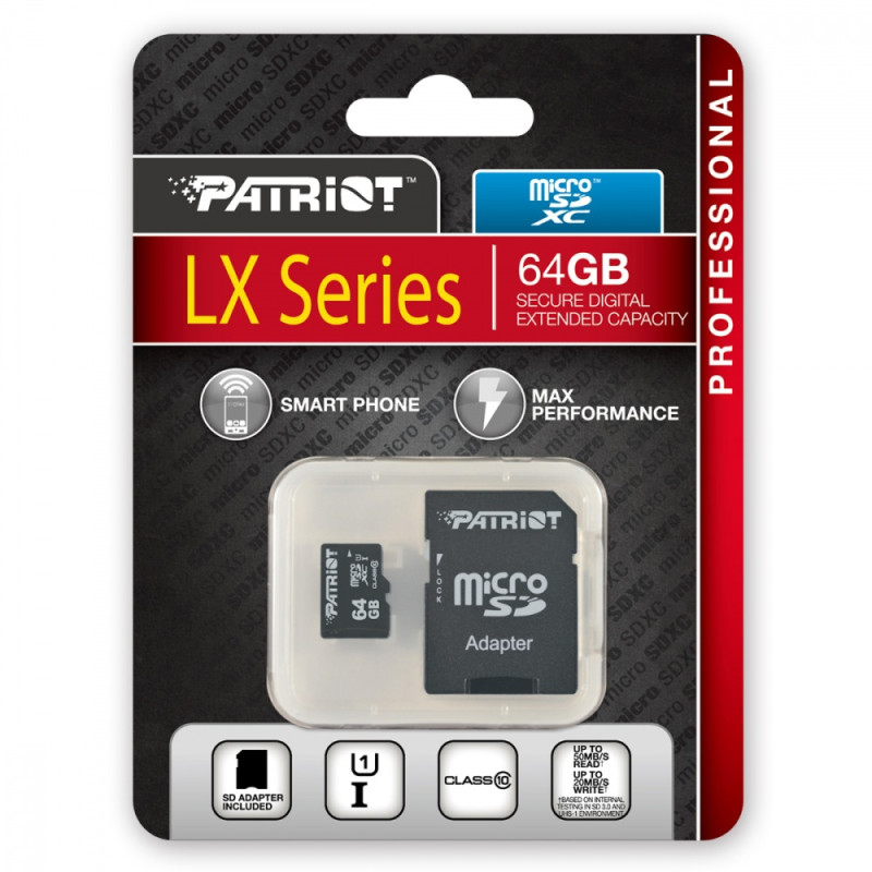 Карта пам'яті microSDXC (UHS-1) Patriot LX Series 64Gb class 10 (adapter SD) (PSF64GMCSDXC10)