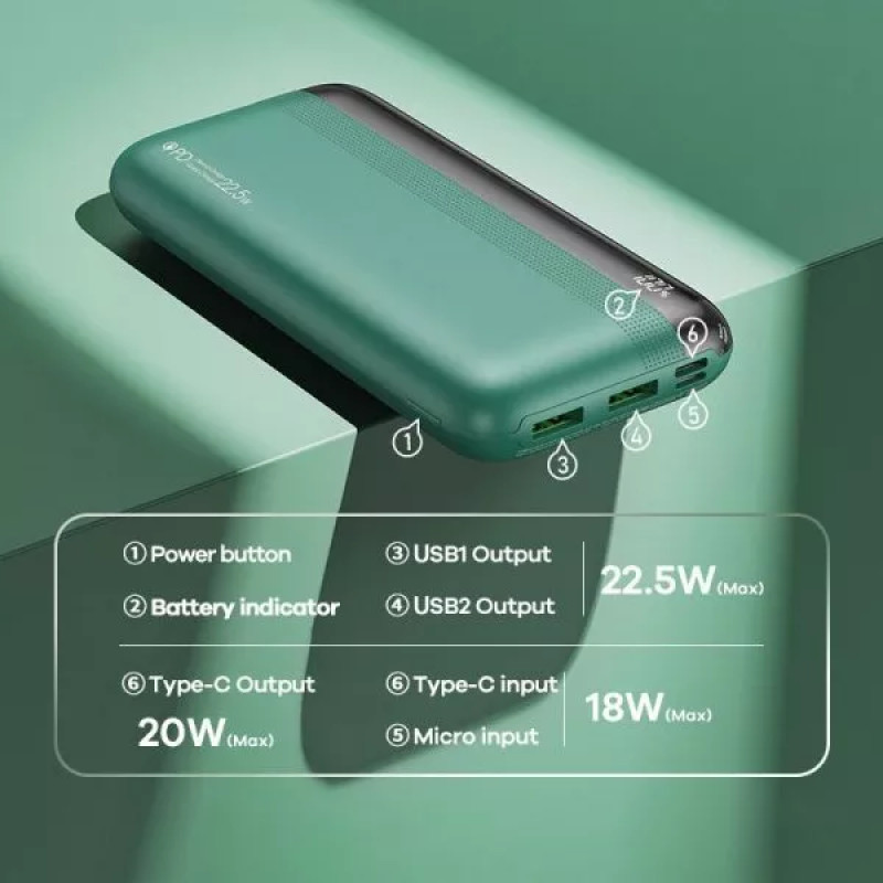 Зовнішній акумулятор REMAX Kiren Series PD20W+QC22.5W Fast Charging Power Bank  20000mAh RPP-180 Green (RPP-180 Green)