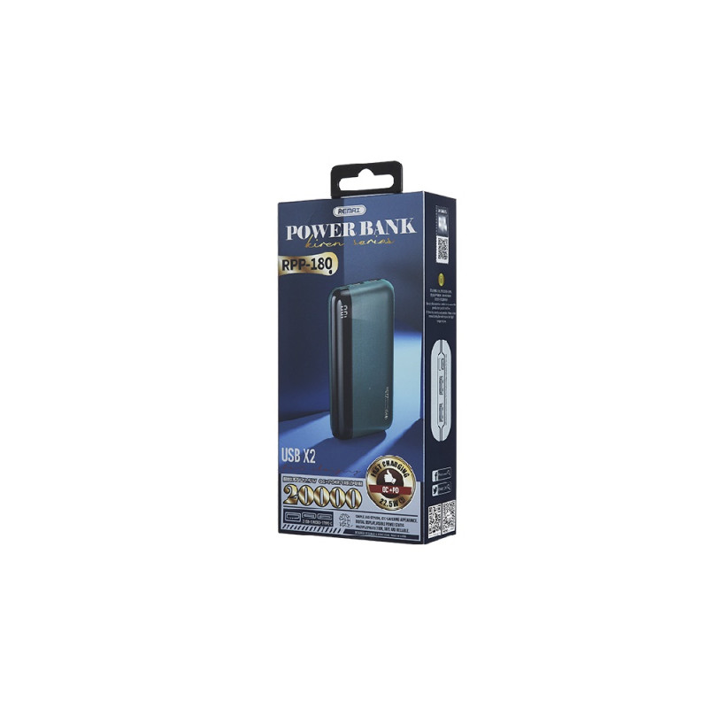 Зовнішній акумулятор REMAX Kiren Series PD20W+QC22.5W Fast Charging Power Bank  20000mAh RPP-180 Green (RPP-180 Green)