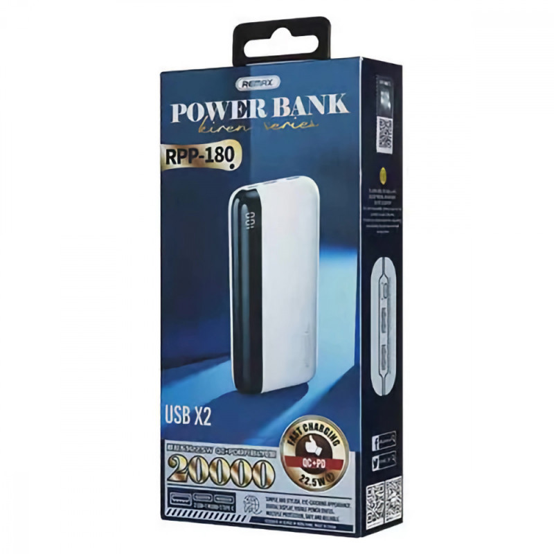 Зовнішній акумулятор REMAX Kiren Series PD20W+QC22.5W Fast Charging Power Bank  20000mAh RPP-180 White (RPP-180 White)