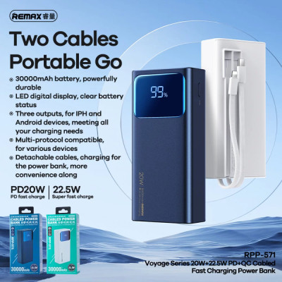 Зовнішній акумулятор REMAX Voyage Series  PD20W+QC22.5W Cabled Fast Charging Power Bank  30000mAh RPP-571 Blue (RPP-571 Blue)