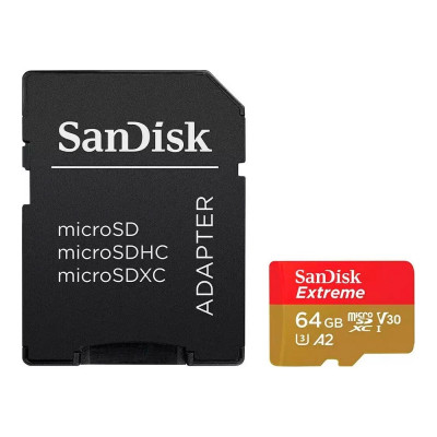 Карта пам'яті microSDXC (UHS-1 U3) SanDisk Extreme For Action Cams and Drones A2 64Gb class 10 V30 (R170MB/s,W80MB/s) (adapter) (SDSQXAH-064G-GN6AA)