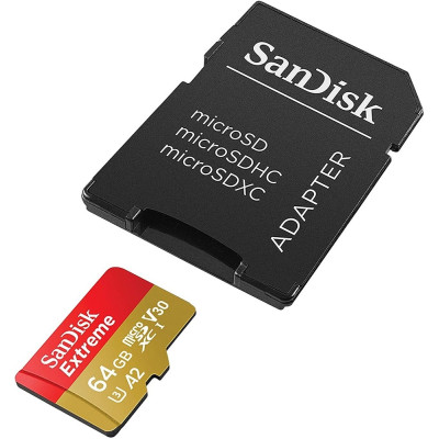 Карта пам'яті microSDXC (UHS-1 U3) SanDisk Extreme A2 64Gb class 10 V30 (R170MB/s,W80MB/s) (adapter SD) (SDSQXAH-064G-GN6MA)