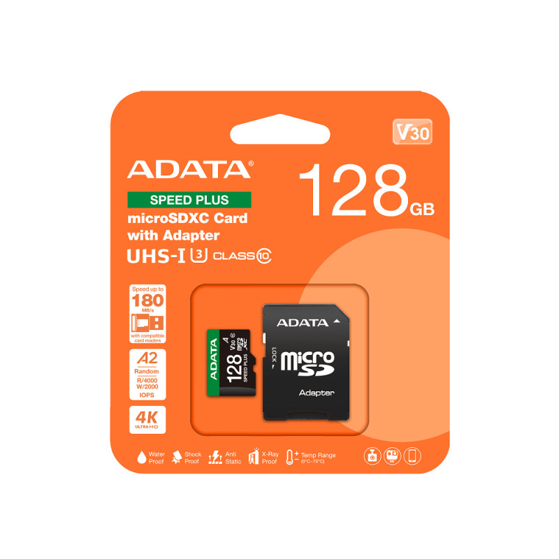 Карта пам'яті microSDXC (UHS-1 U3) A-DATA SPEED PLUS 128Gb Class 10 V30 A2 (R-180Mb/s W160Mb/s) (adapter SD) (UD128GUI3V30A2SP-RA1)