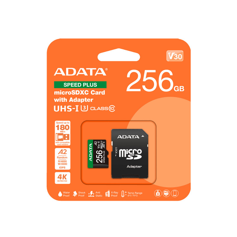 Карта пам'яті microSDXC (UHS-1 U3) A-DATA SPEED PLUS 256Gb Class 10 V30 A2 (R-180Mb/s W160Mb/s) (adapter SD) (UD256GUI3V30A2SP-RA1)