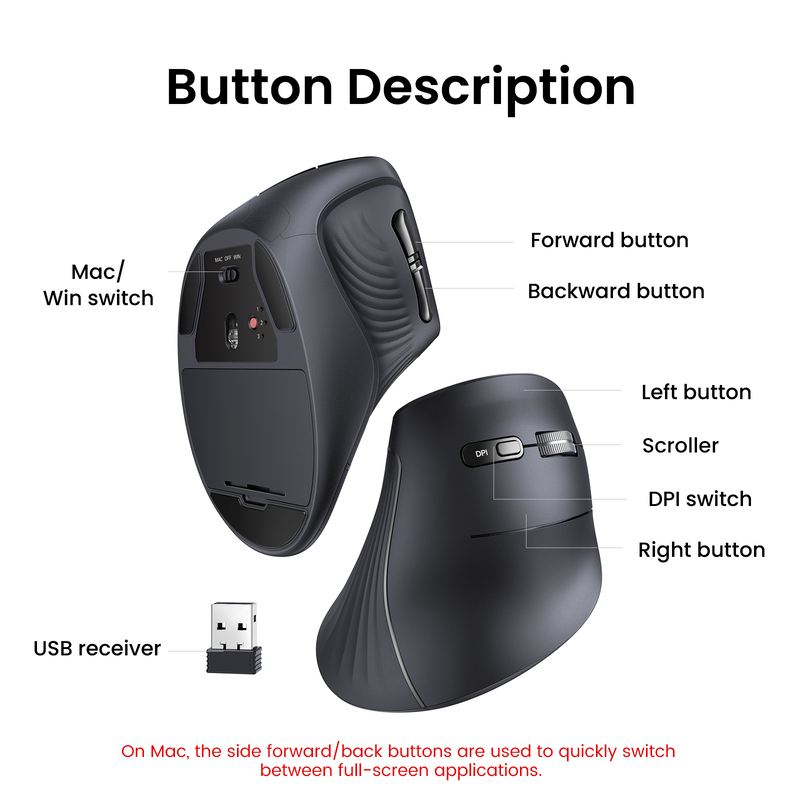 Маніпулятор миша бездротова UGREEN MU008 Multi-mode Vertical Mouse Black (UGR-25444)