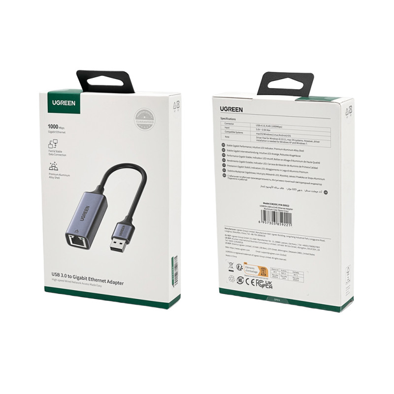 Хаб UGREEN USB to RJ45 Ethernet Adapter Aluminum Case (Space Gray) (UGR-50922)