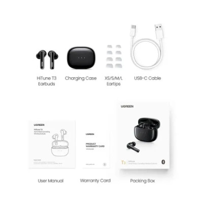 Бездротові навушники UGREEN WS106 HiTune T3 Active Noise-Cancelling Wireless Earbuds, IPX5, Black (UGR-90401) (UGR-90401)