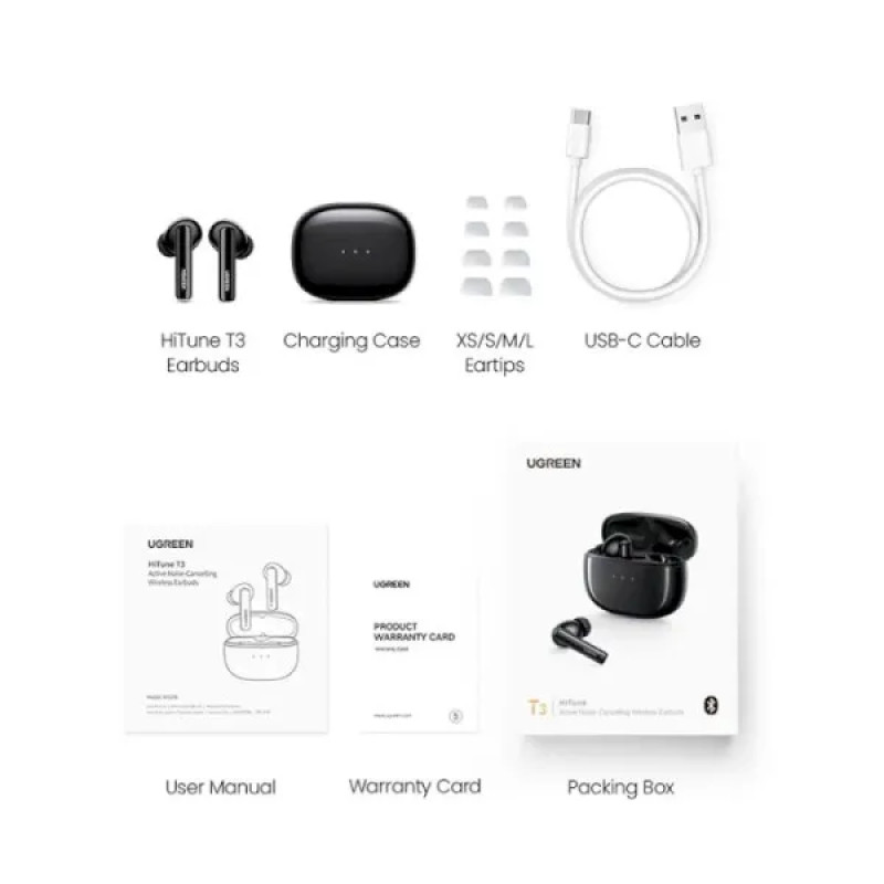 Бездротові навушники UGREEN WS106 HiTune T3 Active Noise-Cancelling Wireless Earbuds, IPX5, Black (UGR-90401) (UGR-90401)
