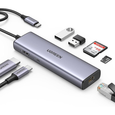 USB-хаб UGREEN CM512 USB-C to 2*USB3.0+HDMI+RJ45+SD&TF +PD port Converter (UGR-90568)