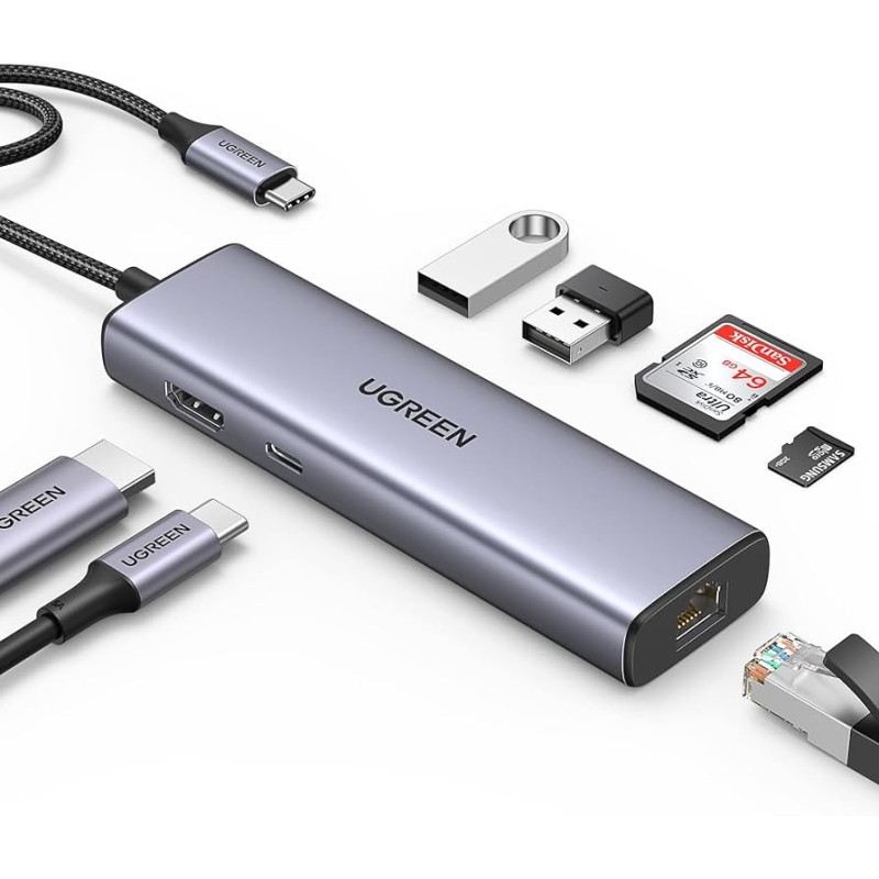 USB-хаб UGREEN CM512 USB-C to 2*USB3.0+HDMI+RJ45+SD&TF +PD port Converter (UGR-90568)