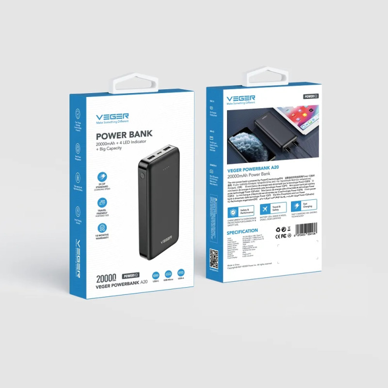 Зовнішній акумулятор VEGER 20000 mAh 2A A20 (W2015) black (VG-W2015)
