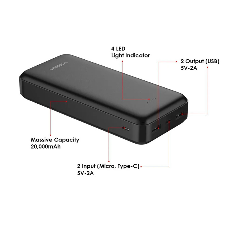 Зовнішній акумулятор VEGER 20000 mAh 2A A20 (W2015) black (VG-W2015)