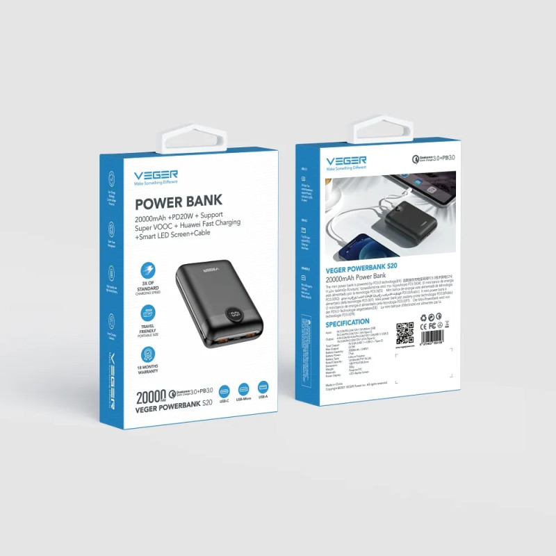 Зовнішній акумулятор VEGER 20000 mAh PD QC3.0 2A 22,5W S20 (W2053) black (VG-W2053)