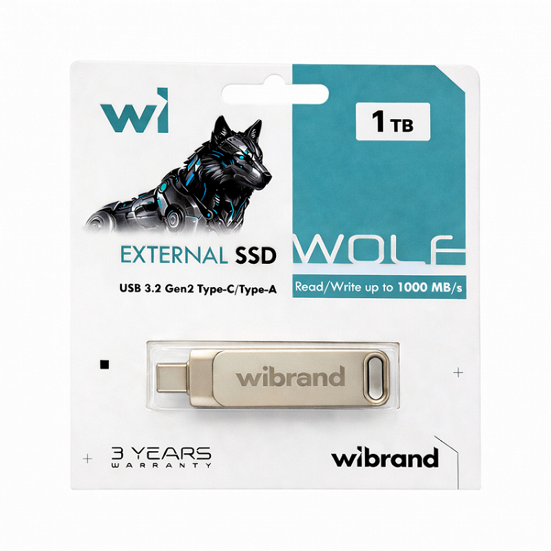 Портативний SSD Wibrand Wolf 1TB USB 3.2 Gen.2 Type-C/Type-A Read/Write 1000MB/s Silver (WIEXSSD/WO1TB)