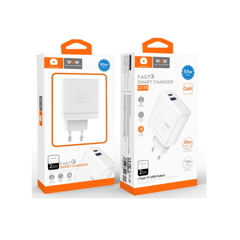 Мережевий зарядний пристрій WUW-C175 65W GaN USB A+USB C white (6972573335220)