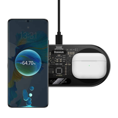 Бездротовий мультизарядний пристрій Baseus Digital LED Display 2in1 Wireless Charger 20W Black Universal version (WXSX010101)
