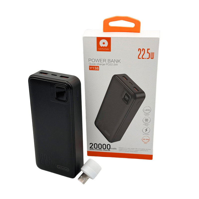Зовнішній акумулятор WUW Y138 （PD22.5W quick charge) 20000mAh Black (Y138)