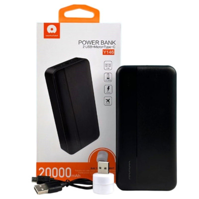 Зовнішній акумулятор WUW Y146 20000mAh + Led ліхтарик Black (Y146) Зовнішній акумулятор WUW Y146 20000mAh + Led ліхтарик Black (Y146)