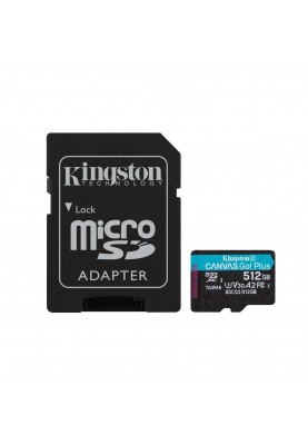 microSDXC (UHS-1 U3) Kingston Canvas Go Plus 512Gb class 10 A2 V30 (R170MB/s, W90MB/s) (adapter SD)