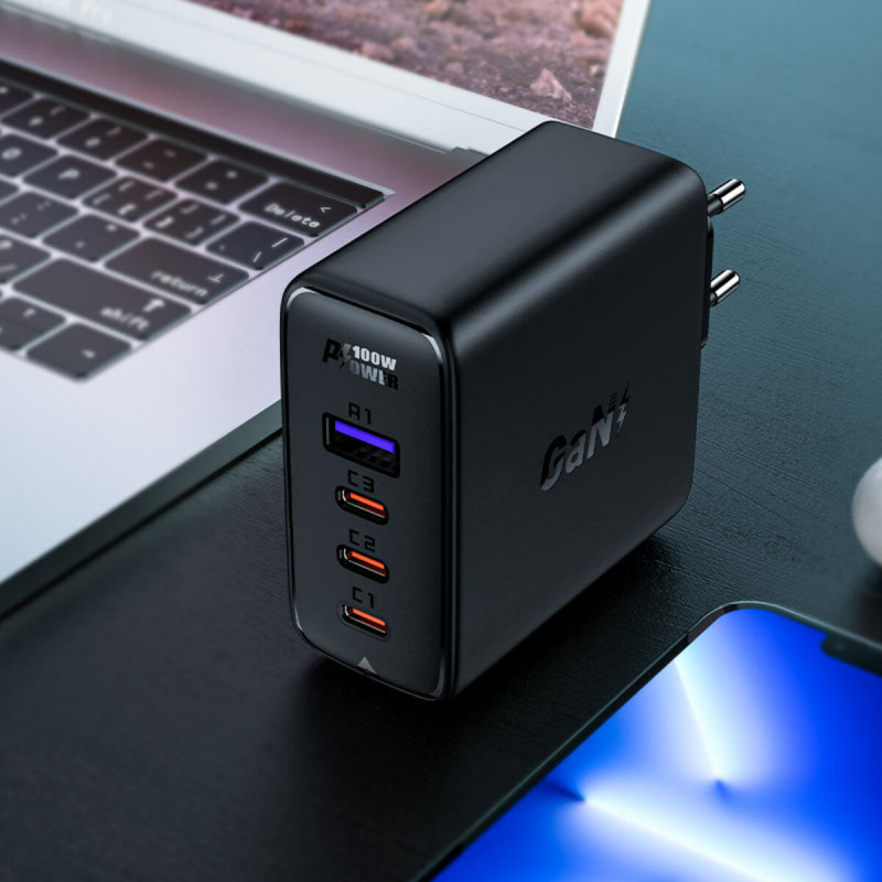 Мережевий зарядний пристрій ACEFAST A37 PD100W GaN (3*CUSB-C+USB-A) charger set Black