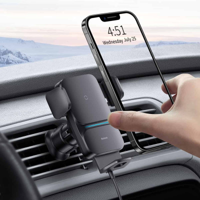 Тримач для мобiльного з БЗП Baseus Wisdom Auto Alignment Car Mount Wireless Charger（QI 15W）(Air Outlet base) Black