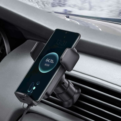 Тримач для мобiльного з БЗП Baseus Wisdom Auto Alignment Car Mount Wireless Charger（QI 15W）(Air Outlet base) Black
